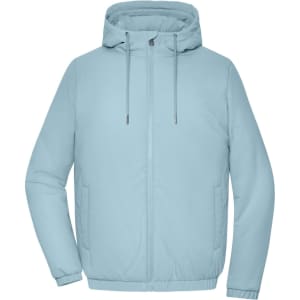 A light blue ladies bomber jacket with a hood and drawstrings, featuring a logo on one side.