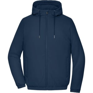 A navy blue ladies bomber jacket with a hood and zip closure, featuring a logo on the front.