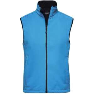 A blue softshell vest with a zip front and a high collar, featuring a black interior and a logo.