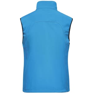 A blue ladies softshell vest with a high collar and a sleek design, featuring a logo on the back.