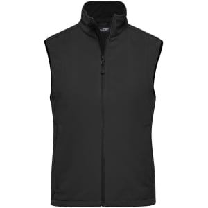 A black ladies' softshell vest featuring a high collar and zip closure, with a branding logo.