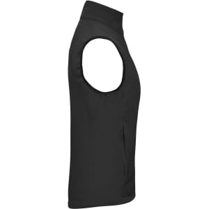 A black ladies softshell vest with a zip pocket and sleeveless design, featuring a logo on the front.