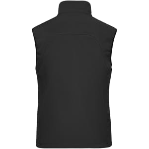 A black ladies softshell vest featuring a high collar and a logo.