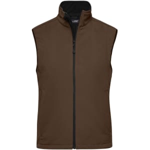 A brown softshell vest with a high collar and front zipper. Features a logo on the chest.