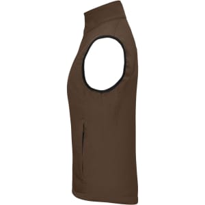 A brown ladies softshell vest featuring a sleeveless design and a zipper pocket, with a branding logo.