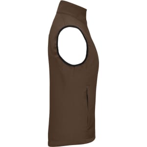 A brown ladies softshell vest with a sleeveless design and a side zip pocket. It features a logo.