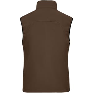 A brown ladies softshell vest with a high collar and a sleek design, featuring a back panel.