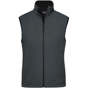 A grey ladies softshell vest featuring a zip front and high collar, with a minimalist design and no sleeves.