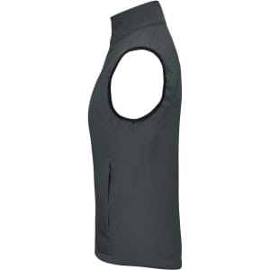 A softshell vest in dark grey with a sleek design and one side pocket. Features a logo on the fabric.