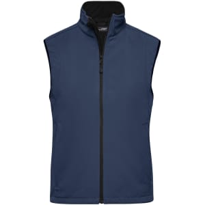 A navy blue ladies' softshell vest with a zip front and a high collar, featuring a logo.