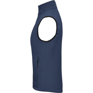 A navy blue softshell vest with a sleek design and an open armhole, featuring a side zip pocket and logo.
