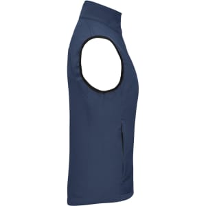 A navy blue ladies softshell vest featuring a high collar and side zip pocket, with a logo on it.