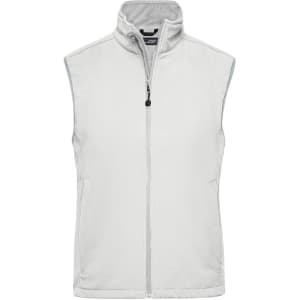 A white ladies softshell vest featuring a high collar and a front zipper, with a logo on the chest.