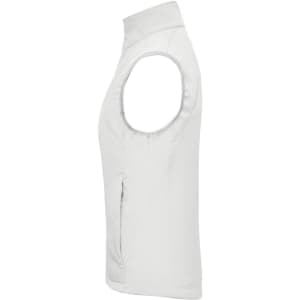 A ladies softshell vest in white, featuring a sleeveless design and a side pocket. Includes a logo.