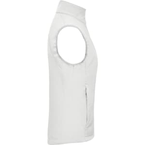 A white ladies' softshell vest featuring a zip pocket and a logo on the side.