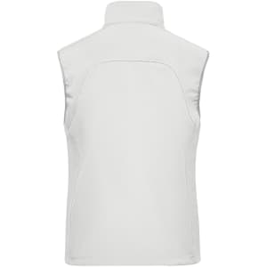 A white ladies' softshell vest featuring a high collar and a logo on the back.
