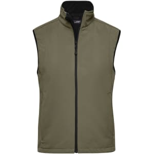 A softshell vest in olive green with a zip front and black inner lining. It features a logo.