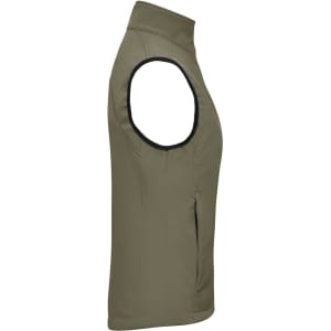 A olive green ladies’ softshell vest with a high collar and a zip pocket on the side. It features a branding logo.