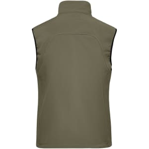 A softshell vest in olive green with a high collar and no sleeves, featuring a logo.