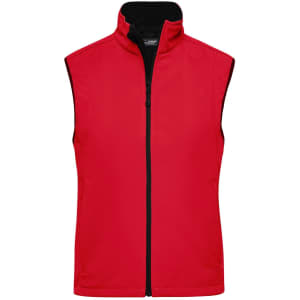 A red ladies softshell vest with a black inner lining and a zippered front. It features a collar and no sleeves.