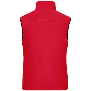 A red softshell vest with a high collar, featuring a black trim and a logo on the back.