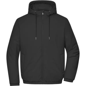 A black men's bomber jacket featuring a hood, zip closure, and side pockets. It has a branded logo.