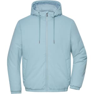A light blue men's bomber jacket with a hood, featuring front pockets and a zip closure. It has a logo on it.