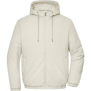 A men's bomber jacket in cream, featuring a hood and zip closure, with side pockets and a logo.
