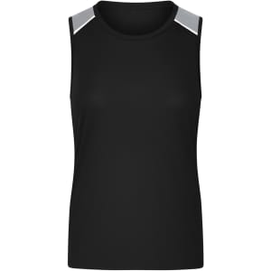A black ladies' running tank top featuring light grey accents on the shoulders and a logo.