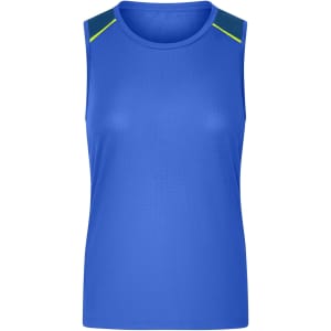 A blue ladies running tank top featuring a sleeveless design and contrasting shoulder accents.