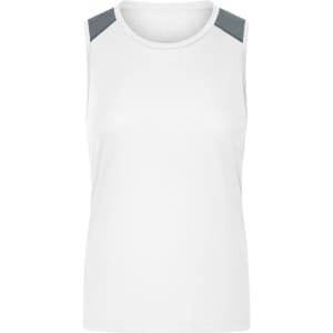 A sleeveless ladies' running tank in white with grey shoulder accents and a logo.