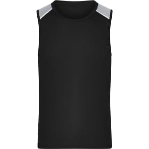 A black men's running tank top with grey accents on the shoulders and a logo.