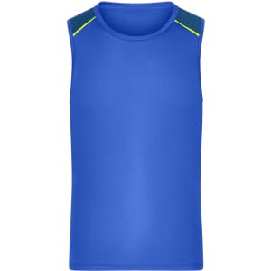 A blue men's running tank top featuring green accents on the shoulders and a logo.