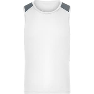 A sleeveless men's running tank in white with grey shoulder accents and a logo on the front.