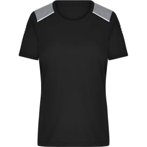 A black ladies running T-shirt featuring grey accents on the shoulders. The shirt has a simple design and a logo.