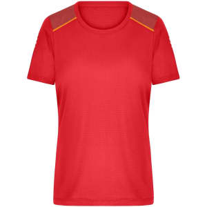 A red ladies running T-shirt with short sleeves and orange detailing on the shoulders. It features a logo.