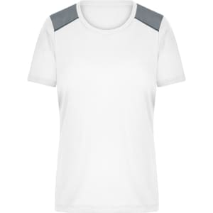 A white ladies' running T-shirt featuring grey shoulder panels and a simple design. It has a logo on one side.