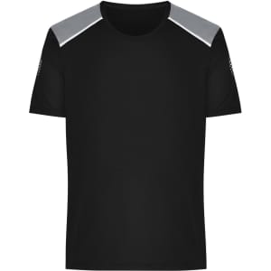 A black men's running T-shirt featuring grey accents on the shoulders and a logo on the sleeve.