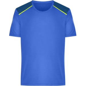 A blue men's running t-shirt with navy and yellow accents and a logo on the sleeve.