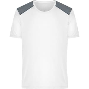 A men's running T-shirt in white with grey shoulder accents. Features a logo on the front.