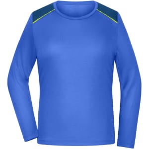 A long-sleeve ladies' running shirt in blue, featuring a dark blue and green accent on the shoulders. It has a simple design and logo.