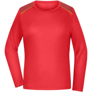 A long-sleeve ladies running shirt in vibrant red with contrasting shoulder panels. Features a logo.