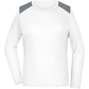 A long-sleeve ladies running shirt in white with grey shoulder accents, featuring a logo on the front.