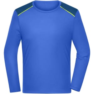 A long-sleeve men's running shirt in blue with dark blue shoulder accents and bright green detailing.