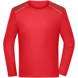 A long-sleeve men's running shirt in vibrant red with contrasting shoulder accents. It features a logo on the front.