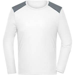 A long-sleeve men's running shirt in white with grey shoulder accents and a logo.
