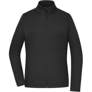A black ladies' sports structured fleece jacket with a high collar and full zip. It features a logo.