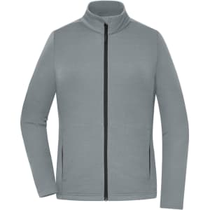 A structured fleece jacket in a light grey colour with a zipped front and side pockets, featuring a logo.