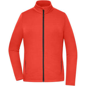 A red polar fleece jacket featuring a zippered front and a high collar, with two side pockets and a logo.