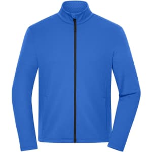 A blue structured fleece jacket with a high collar and front zip, featuring a logo.